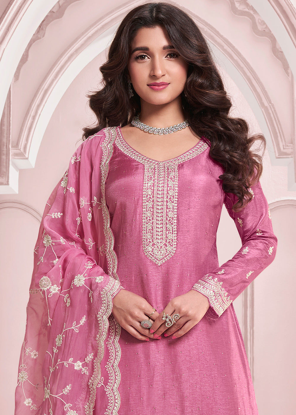 Vivid Pink Dola Silk Salwar Suit with Intricate Thread and Stone Work