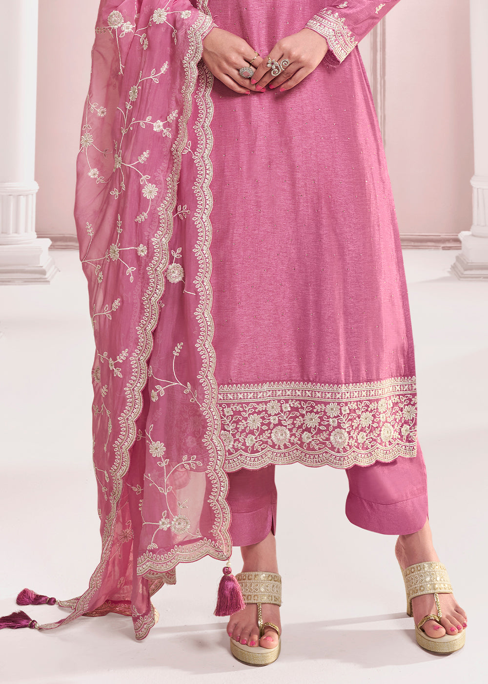 Vivid Pink Dola Silk Salwar Suit with Intricate Thread and Stone Work