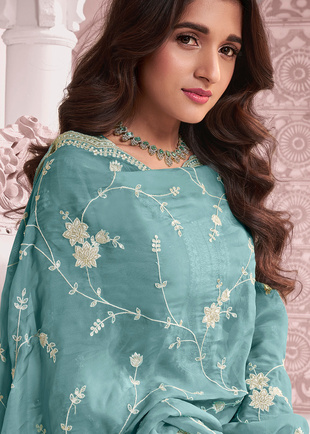 Light Blue Dola Silk Salwar Suit with Intricate Thread and Stone Work