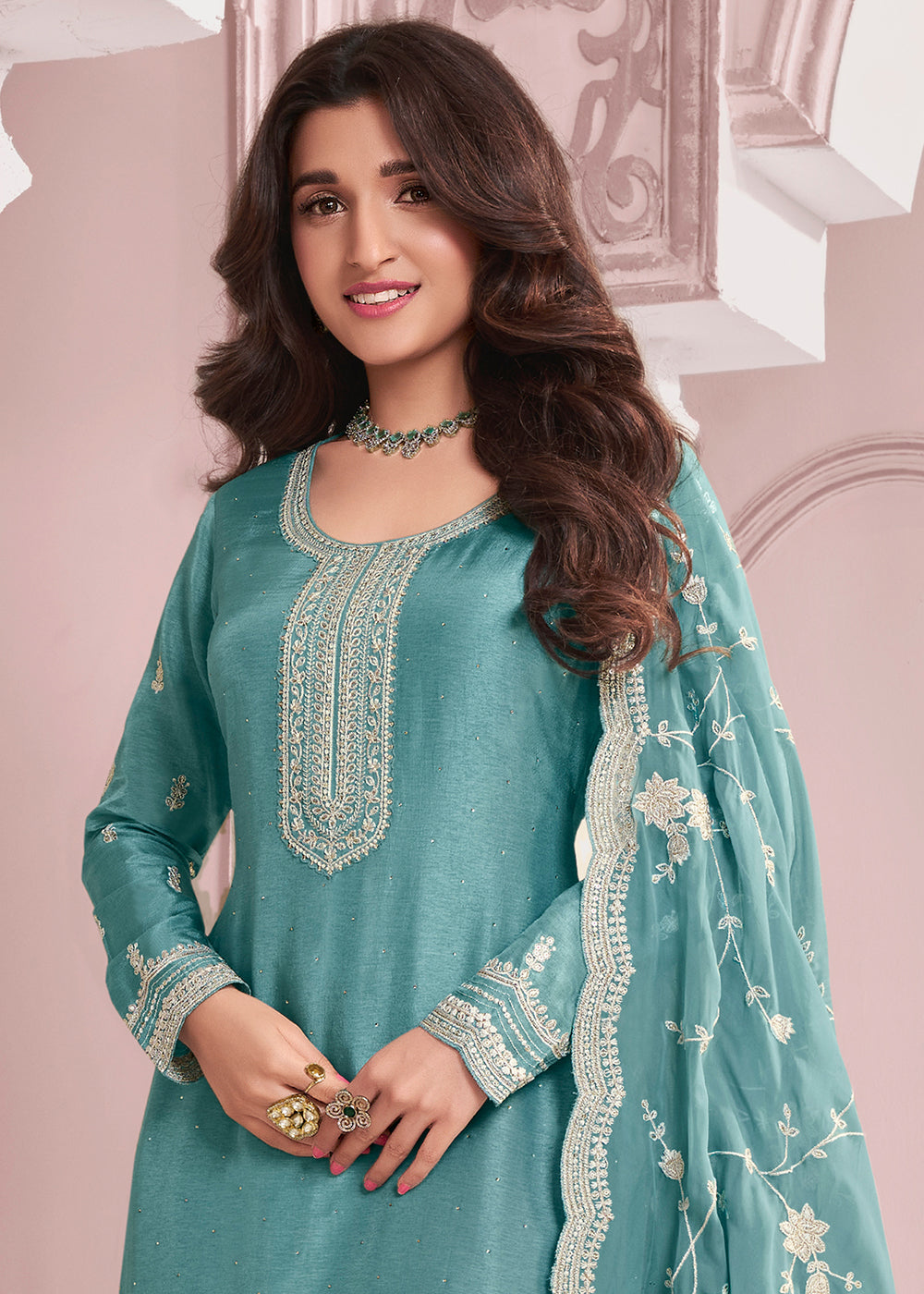 Light Blue Dola Silk Salwar Suit with Intricate Thread and Stone Work