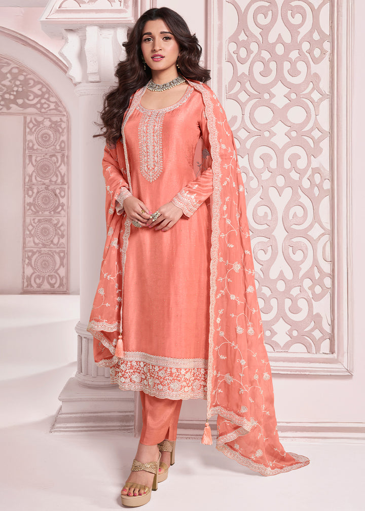 Salmon Orange Dola Silk Salwar Suit with Intricate Thread and Stone Work