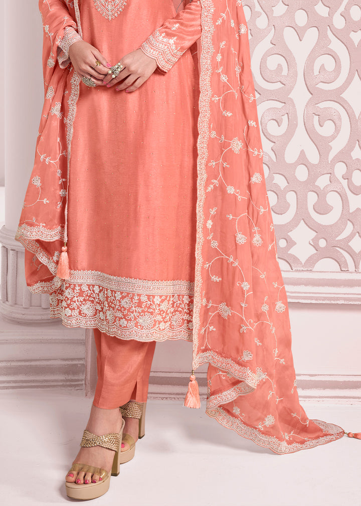 Salmon Orange Dola Silk Salwar Suit with Intricate Thread and Stone Work