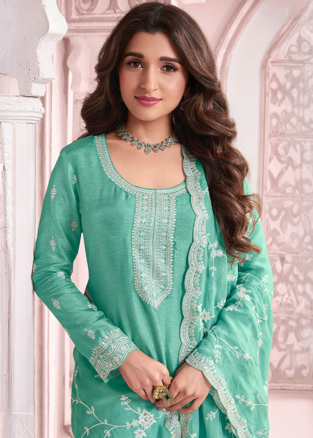 Aquamarine Green Dola Silk Salwar Suit with Intricate Thread and Stone Work