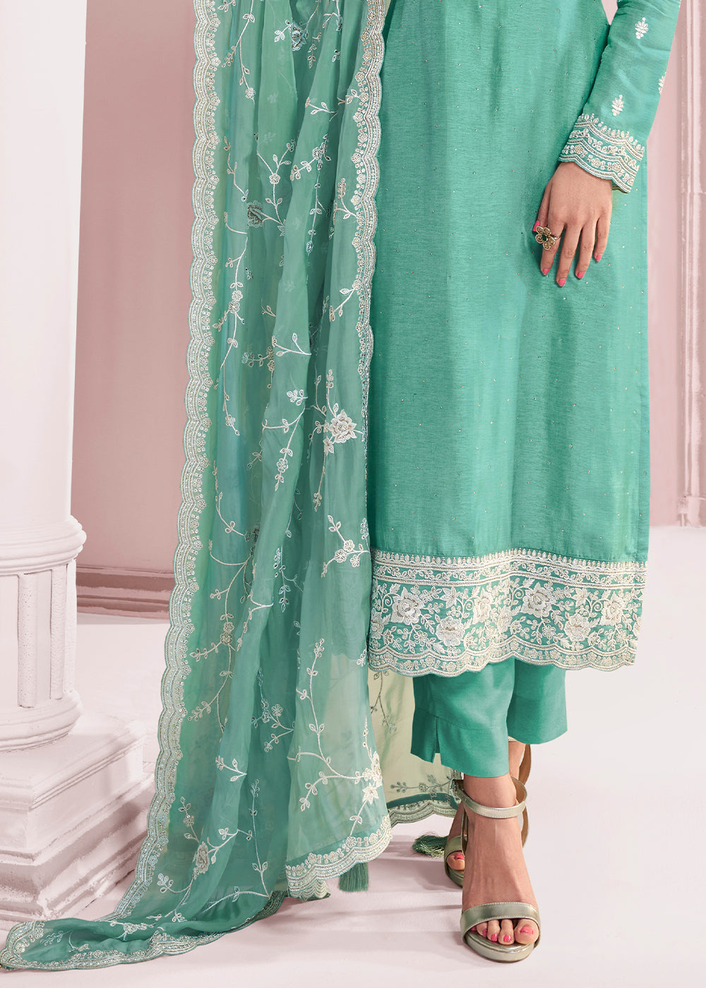 Aquamarine Green Dola Silk Salwar Suit with Intricate Thread and Stone Work