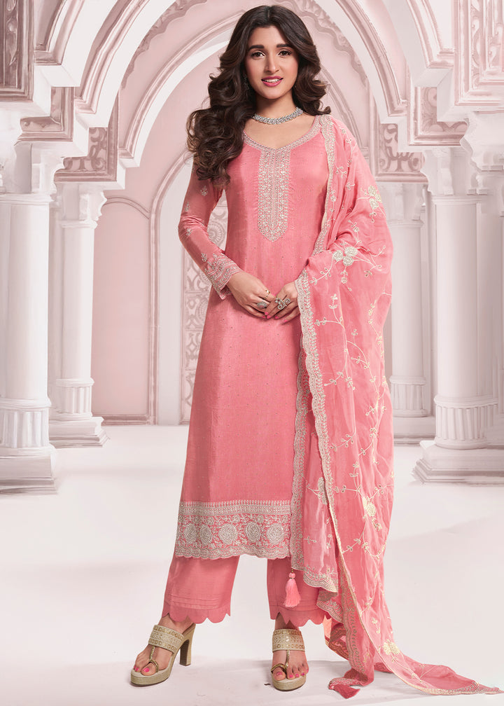 Flamingo Pink Dola Silk Salwar Suit with Intricate Thread and Stone Work