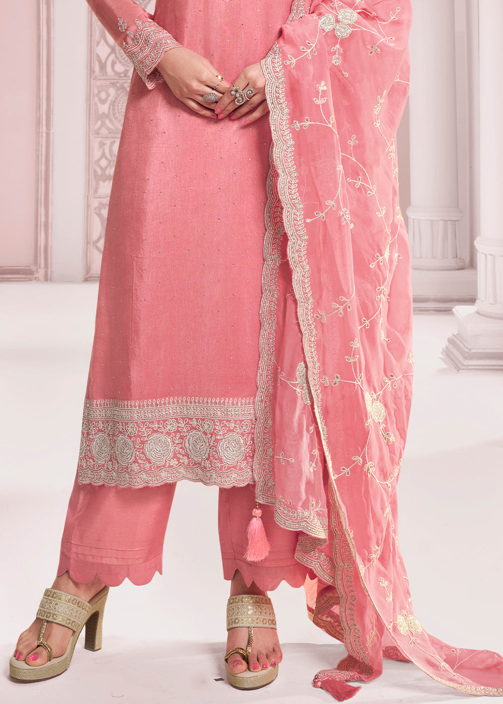 Flamingo Pink Dola Silk Salwar Suit with Intricate Thread and Stone Work