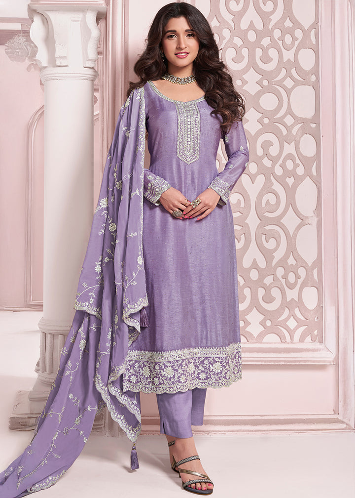 Lavender Purple Dola Silk Salwar Suit with Intricate Thread and Stone Work