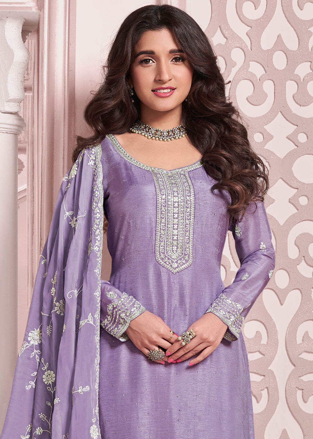 Lavender Purple Dola Silk Salwar Suit with Intricate Thread and Stone Work