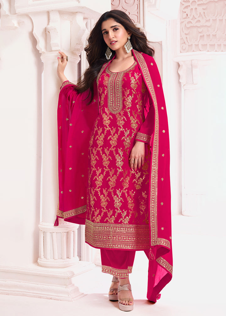 Cerise Pink Salwar Suit Adorned with Jacquard Embroidery on Chinon Silk