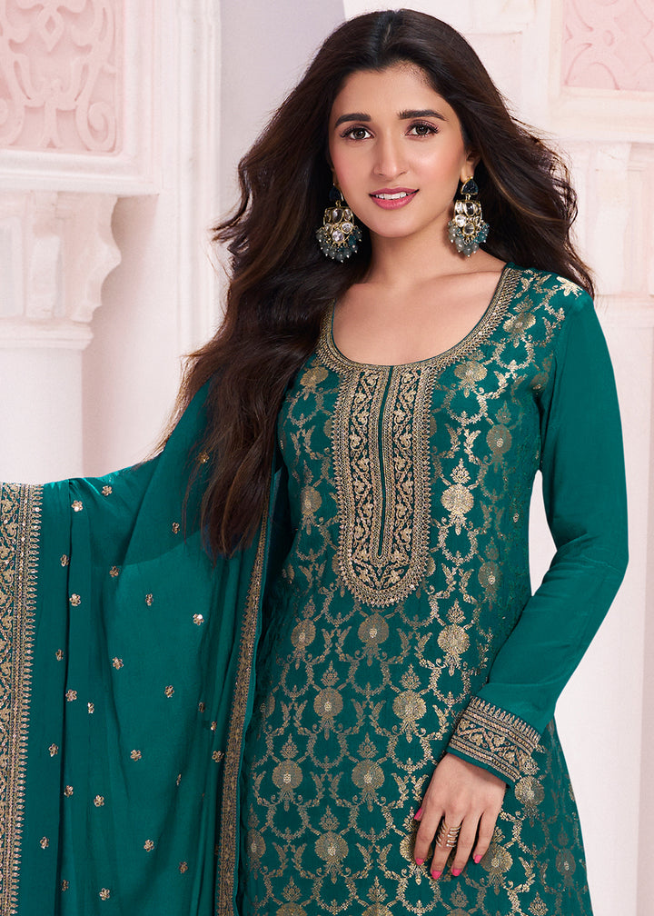 Arabian Green Salwar Suit Adorned with Jacquard Embroidery on Chinon Silk