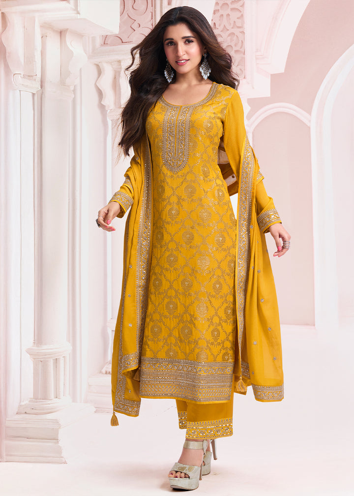 Canary Yellow Salwar Suit Adorned with Jacquard Embroidery on Chinon Silk