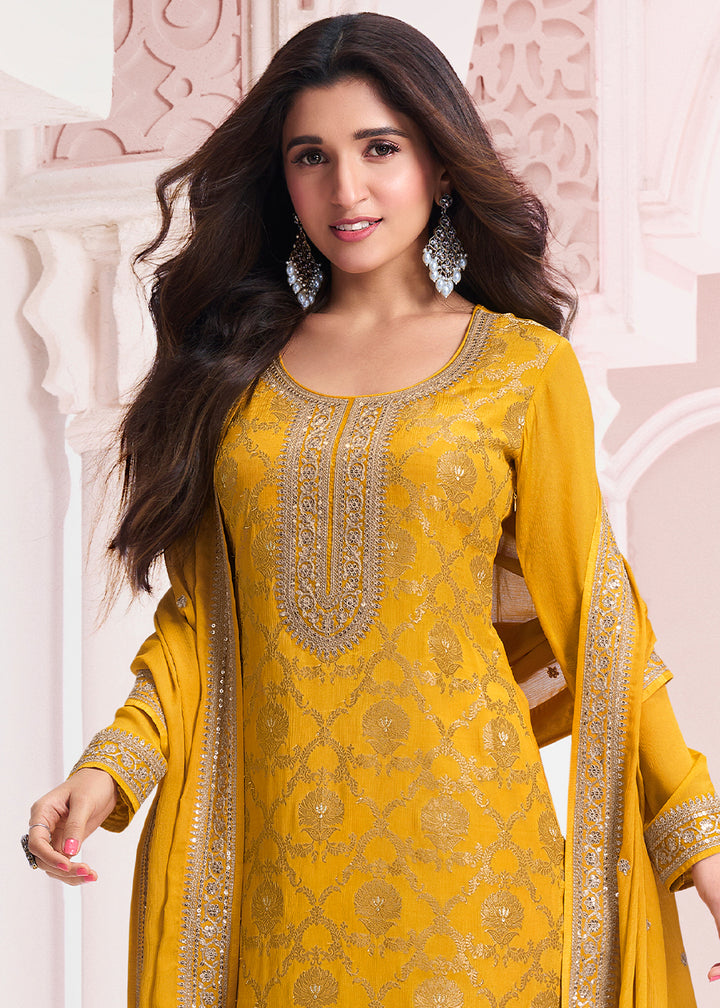 Canary Yellow Salwar Suit Adorned with Jacquard Embroidery on Chinon Silk