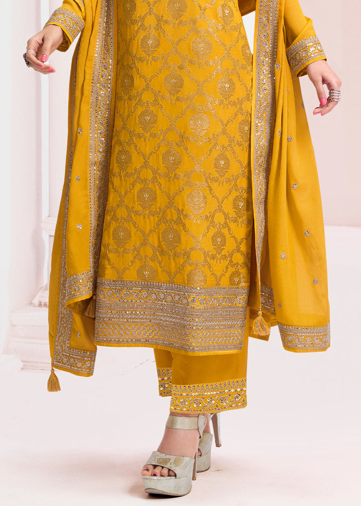 Canary Yellow Salwar Suit Adorned with Jacquard Embroidery on Chinon Silk