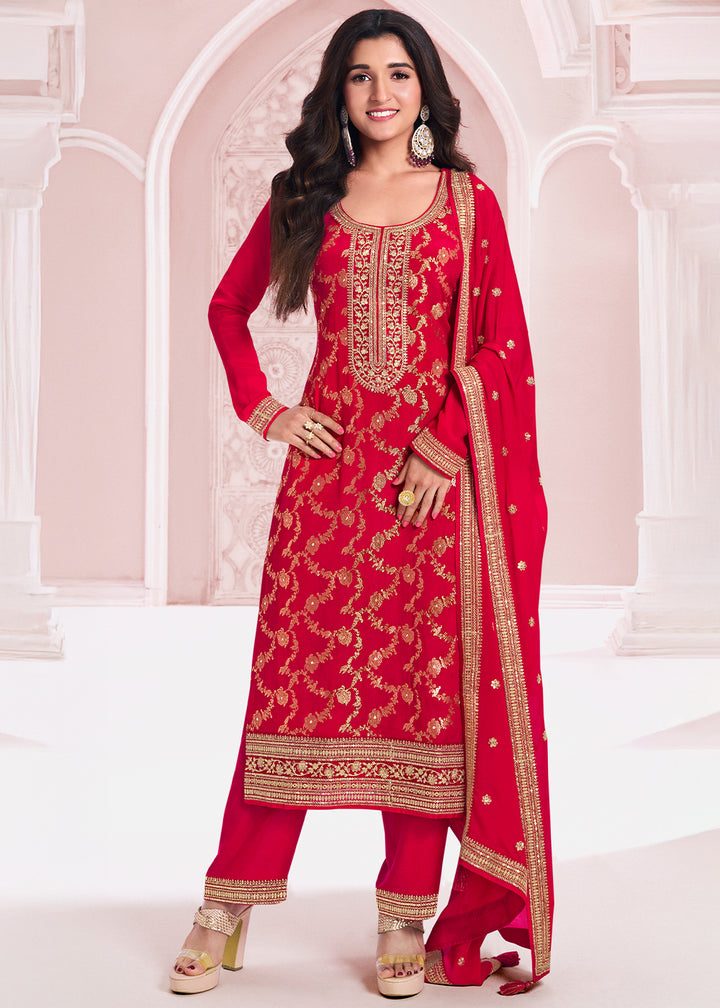 Scarlet Red Salwar Suit Adorned with Jacquard Embroidery on Chinon Silk