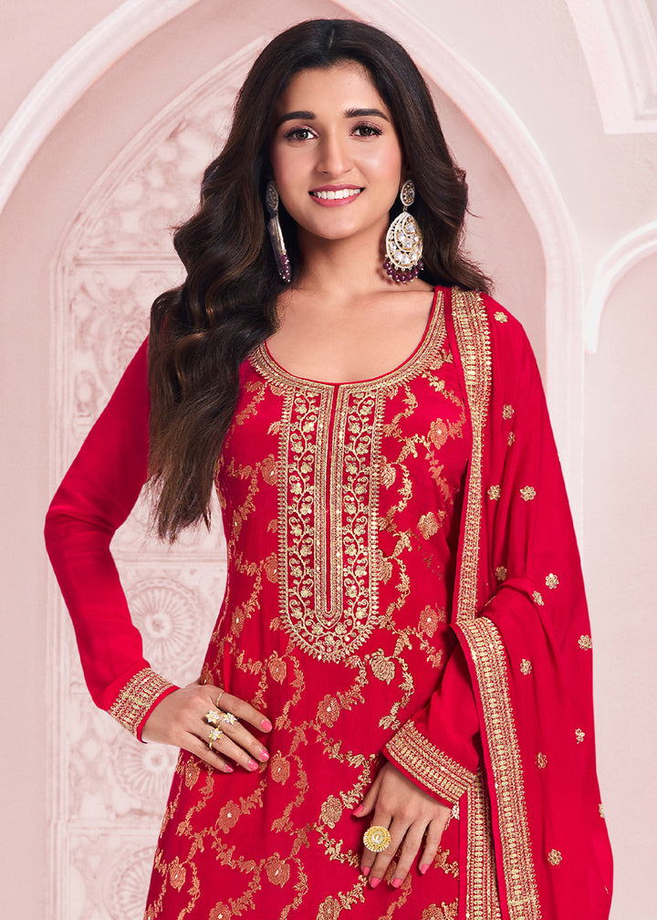 Scarlet Red Salwar Suit Adorned with Jacquard Embroidery on Chinon Silk