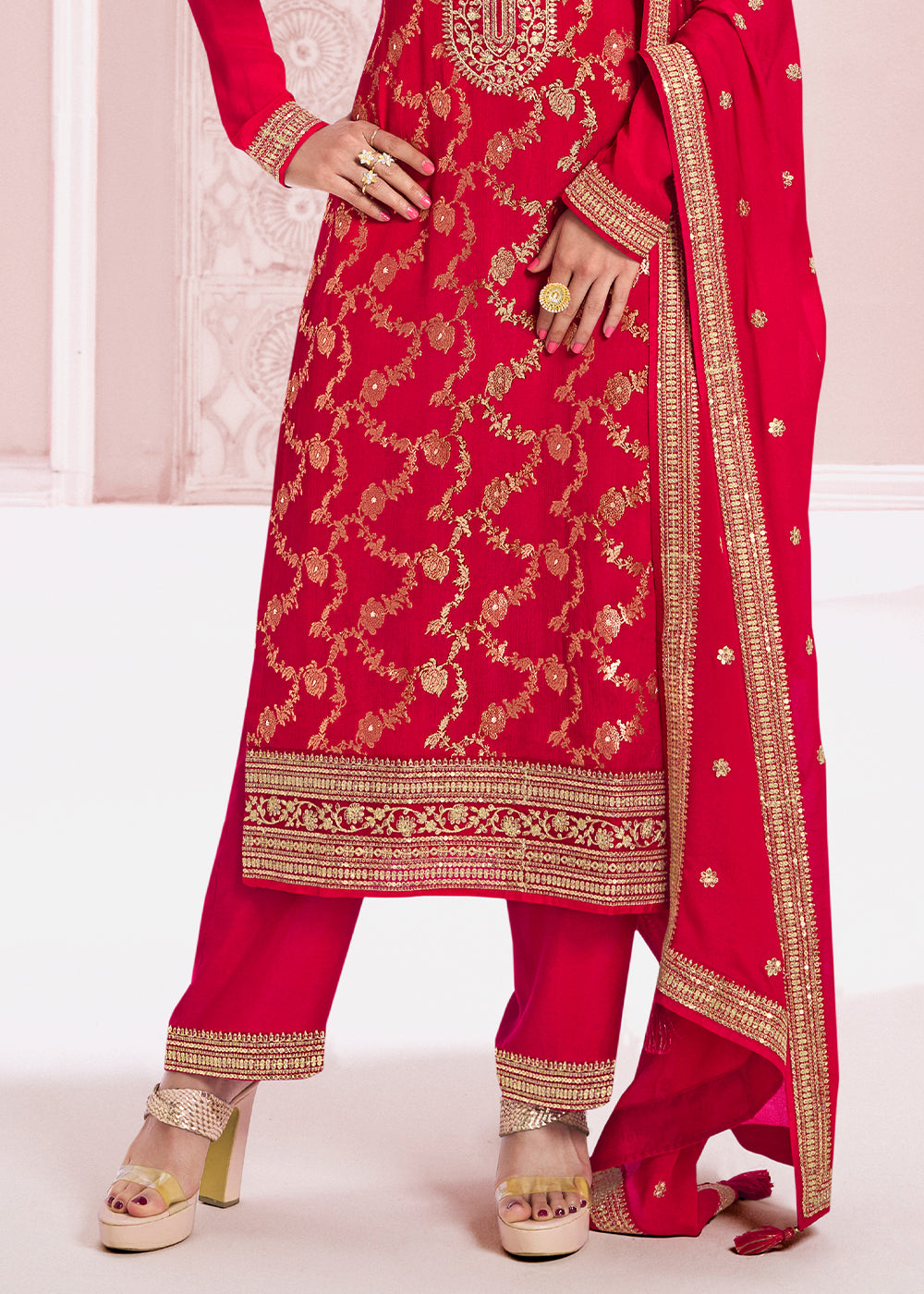 Scarlet Red Salwar Suit Adorned with Jacquard Embroidery on Chinon Silk