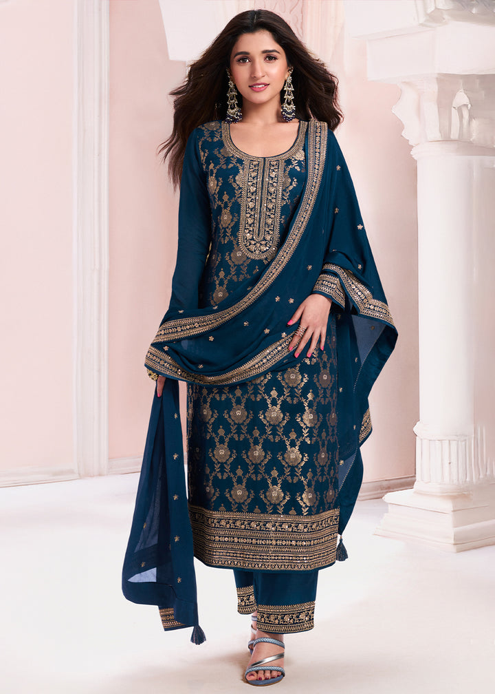 Berry Blue Salwar Suit Adorned with Jacquard Embroidery on Chinon Silk