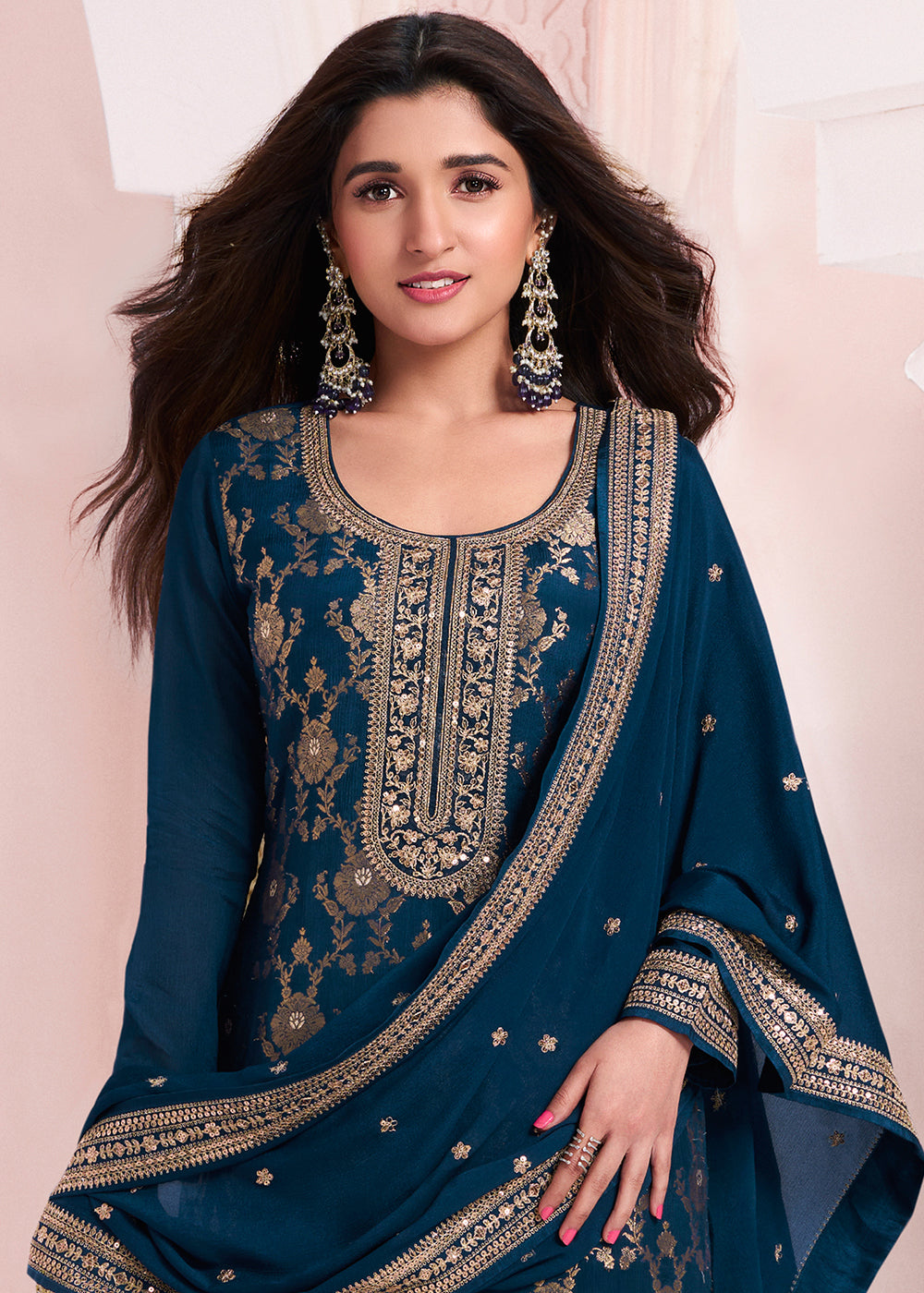 Berry Blue Salwar Suit Adorned with Jacquard Embroidery on Chinon Silk