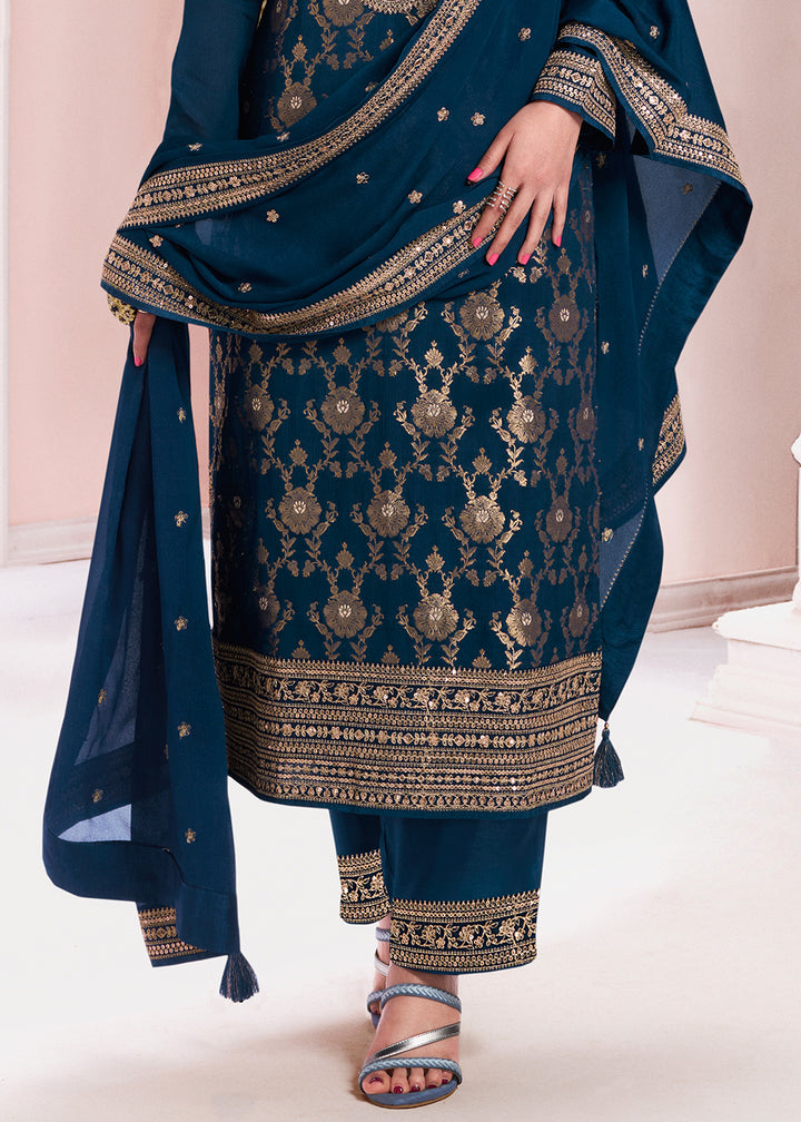 Berry Blue Salwar Suit Adorned with Jacquard Embroidery on Chinon Silk