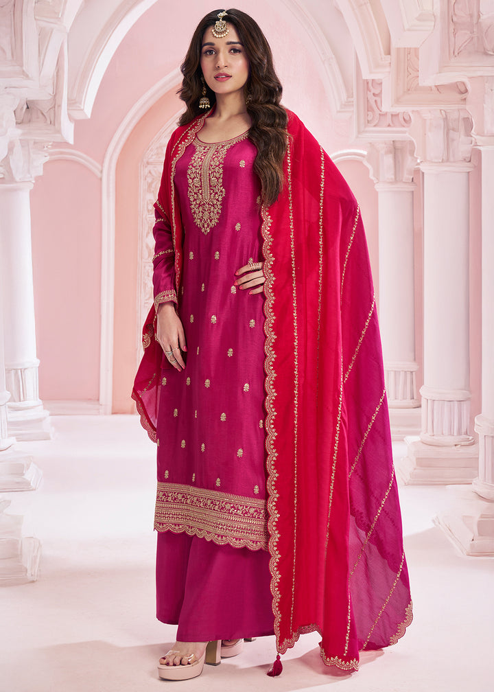 Magenta Pink Georgette Palazzo Suit with Stunning Embroidery