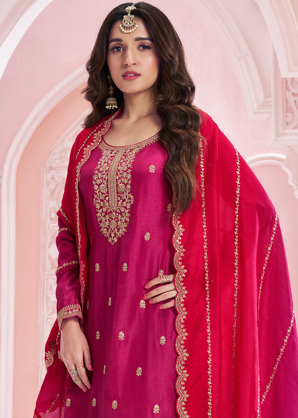 Magenta Pink Georgette Palazzo Suit with Stunning Embroidery