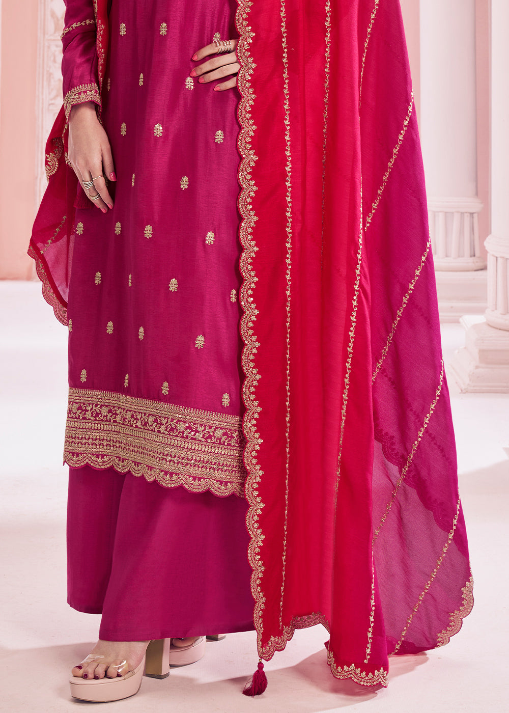 Magenta Pink Georgette Palazzo Suit with Stunning Embroidery