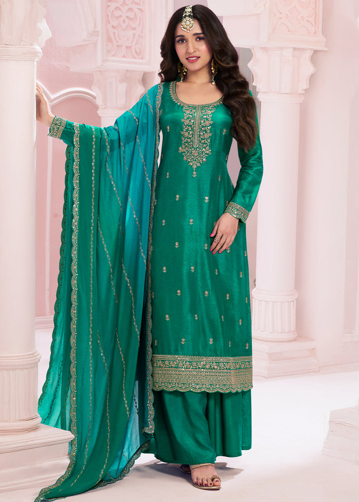 Persian Green Georgette Palazzo Suit with Stunning Embroidery