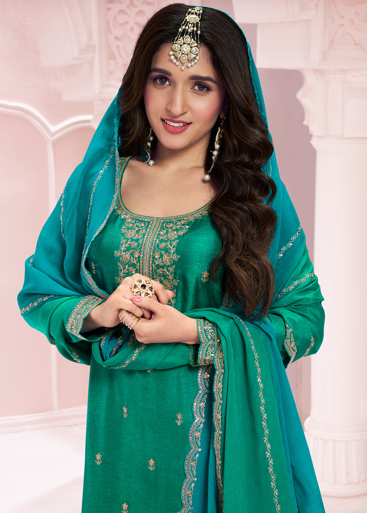 Persian Green Georgette Palazzo Suit with Stunning Embroidery