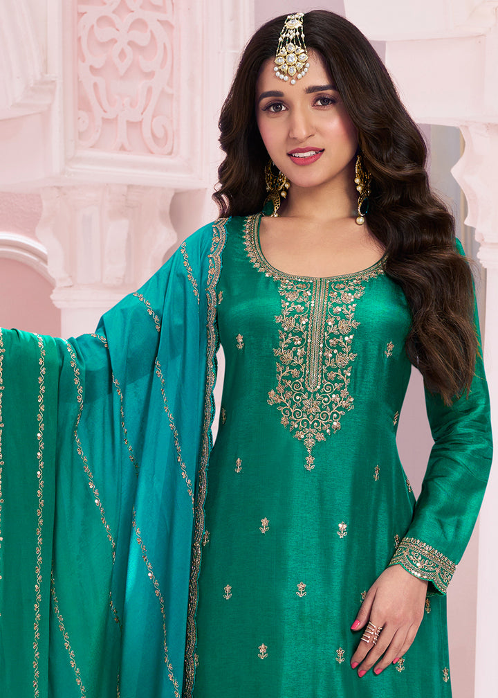 Persian Green Georgette Palazzo Suit with Stunning Embroidery