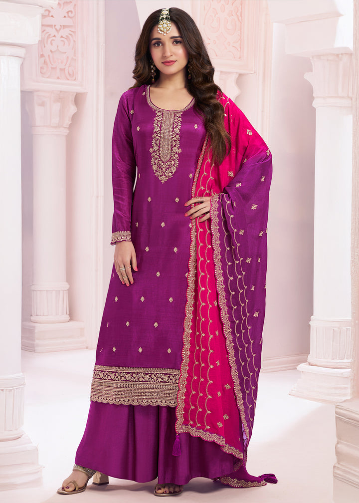 Byzantine Purple Georgette Palazzo Suit with Stunning Embroidery