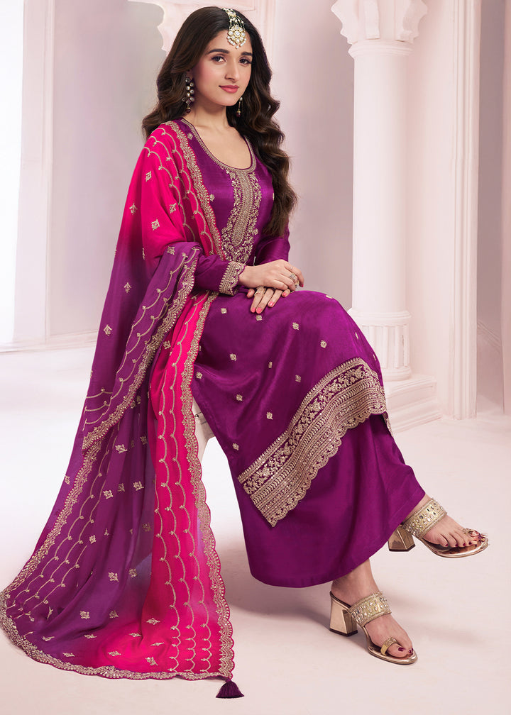 Byzantine Purple Georgette Palazzo Suit with Stunning Embroidery