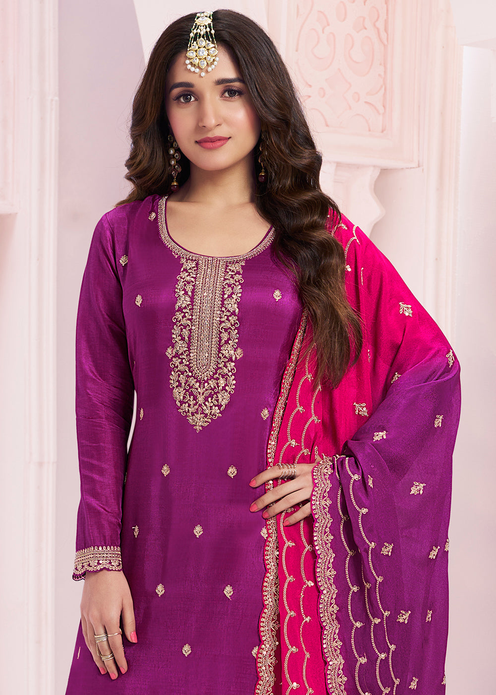 Byzantine Purple Georgette Palazzo Suit with Stunning Embroidery