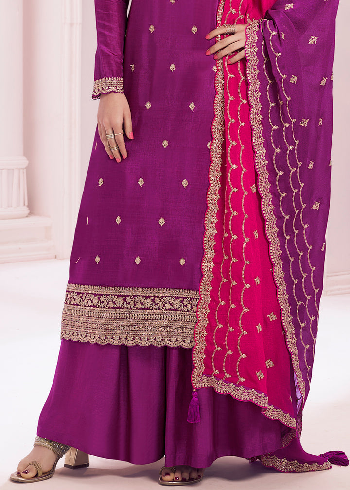 Byzantine Purple Georgette Palazzo Suit with Stunning Embroidery