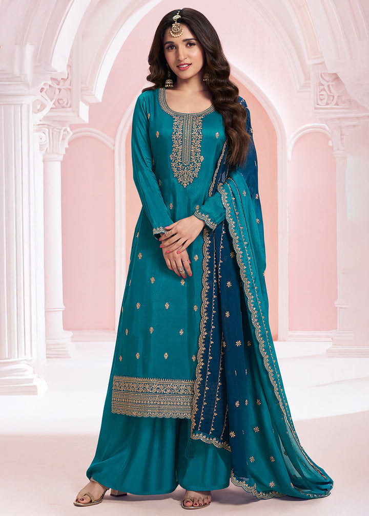 Cerulean Blue Georgette Palazzo Suit with Stunning Embroidery