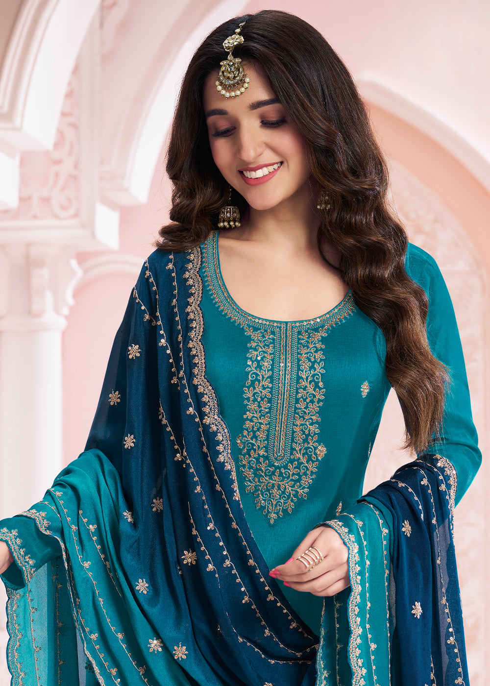 Cerulean Blue Georgette Palazzo Suit with Stunning Embroidery