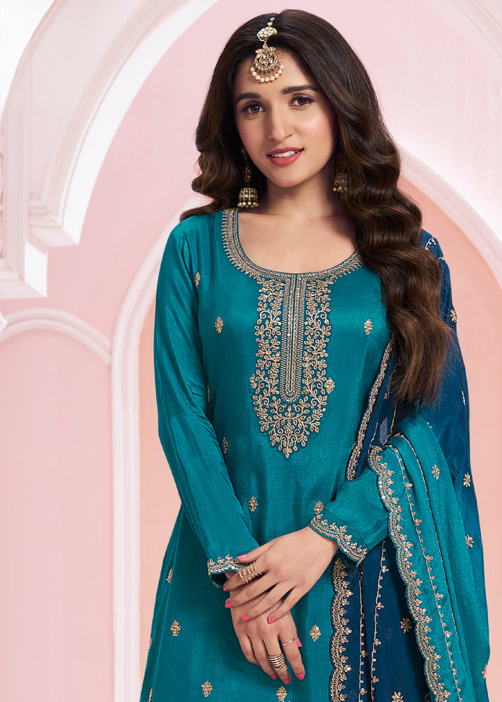 Cerulean Blue Georgette Palazzo Suit with Stunning Embroidery