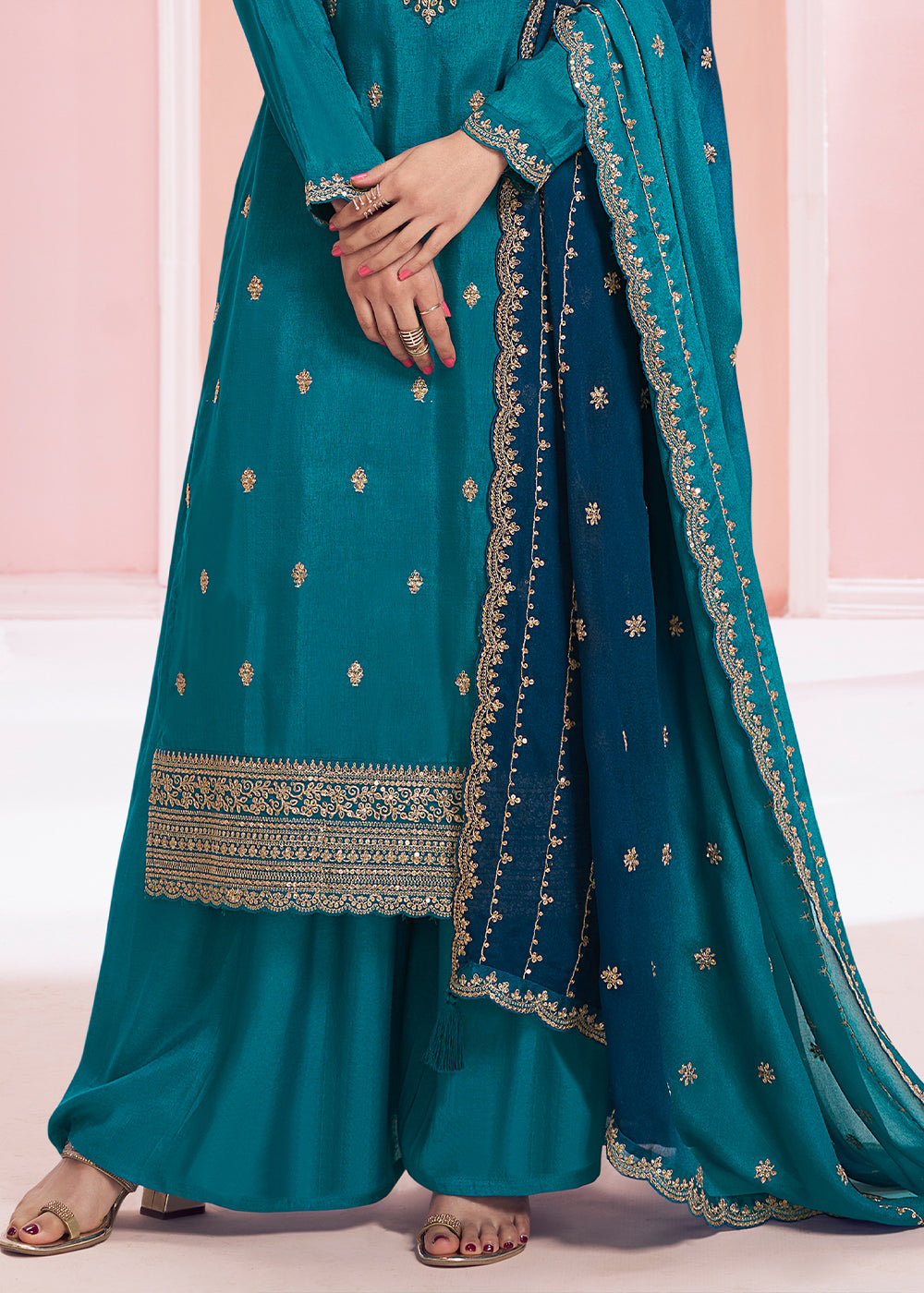 Cerulean Blue Georgette Palazzo Suit with Stunning Embroidery