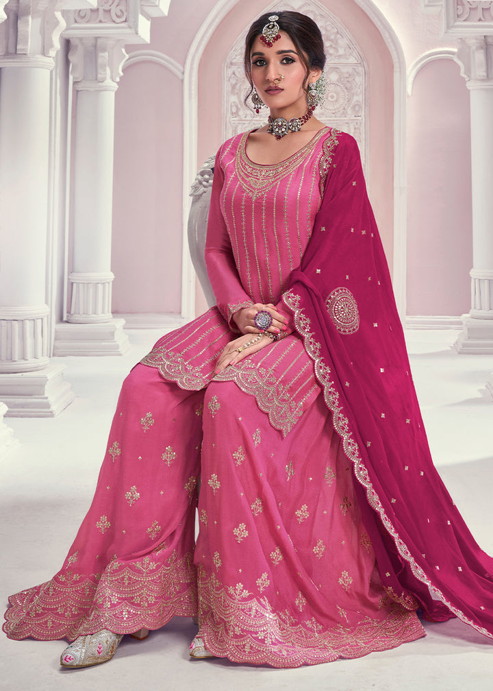 Shades Of Purple Palazzo Suit Crafted in Chinon Silk with Embroidery Work