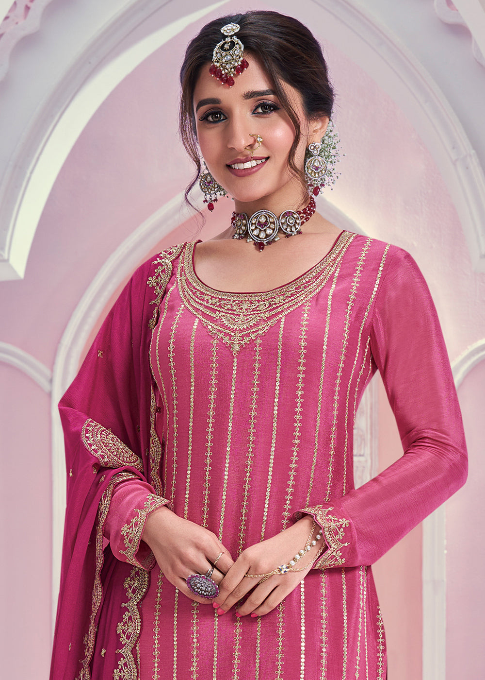 Shades Of Purple Palazzo Suit Crafted in Chinon Silk with Embroidery Work