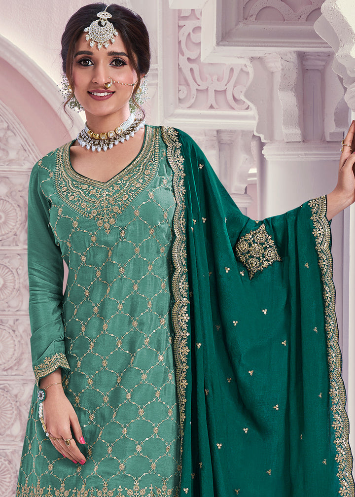 Shades Of Green Palazzo Suit Crafted in Chinon Silk with Embroidery Work