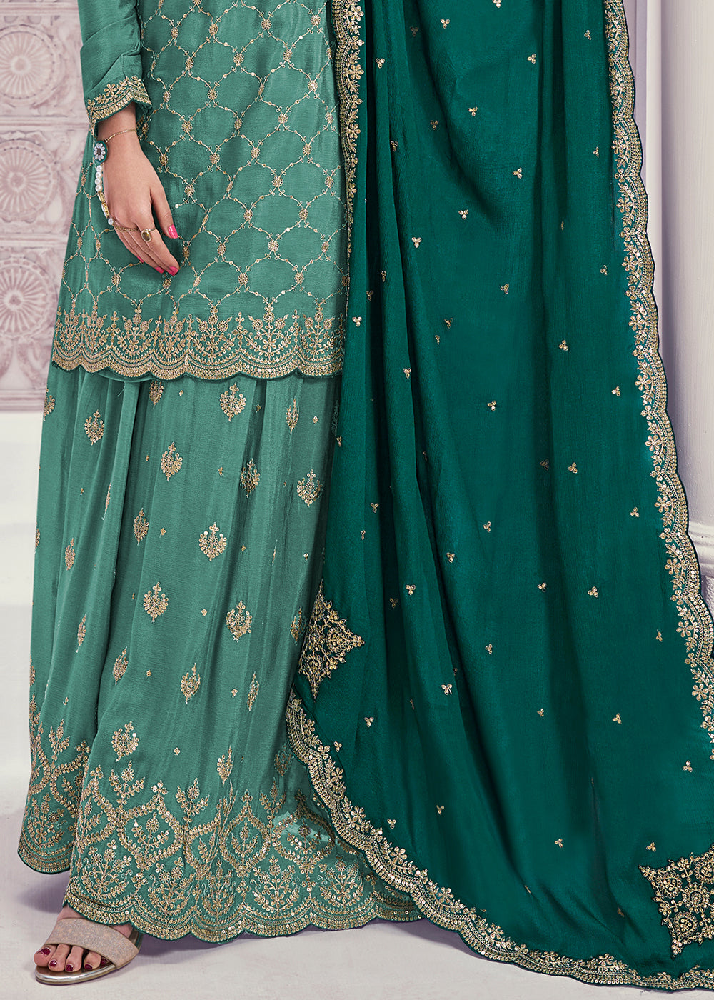 Shades Of Green Palazzo Suit Crafted in Chinon Silk with Embroidery Work