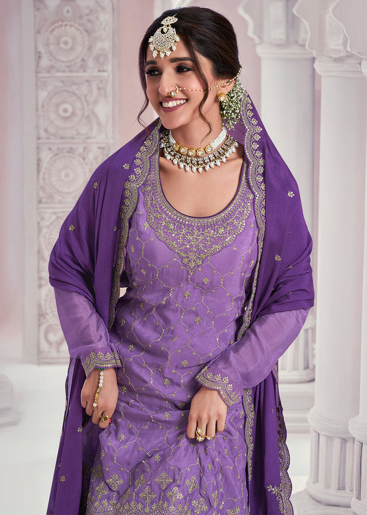 Shades Of Purple Palazzo Suit Crafted in Chinon Silk with Embroidery Work