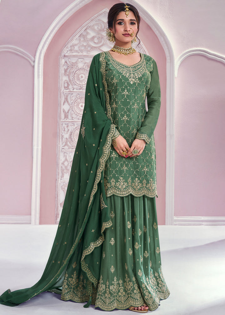 Shades Of Green Palazzo Suit Crafted in Chinon Silk with Embroidery Work