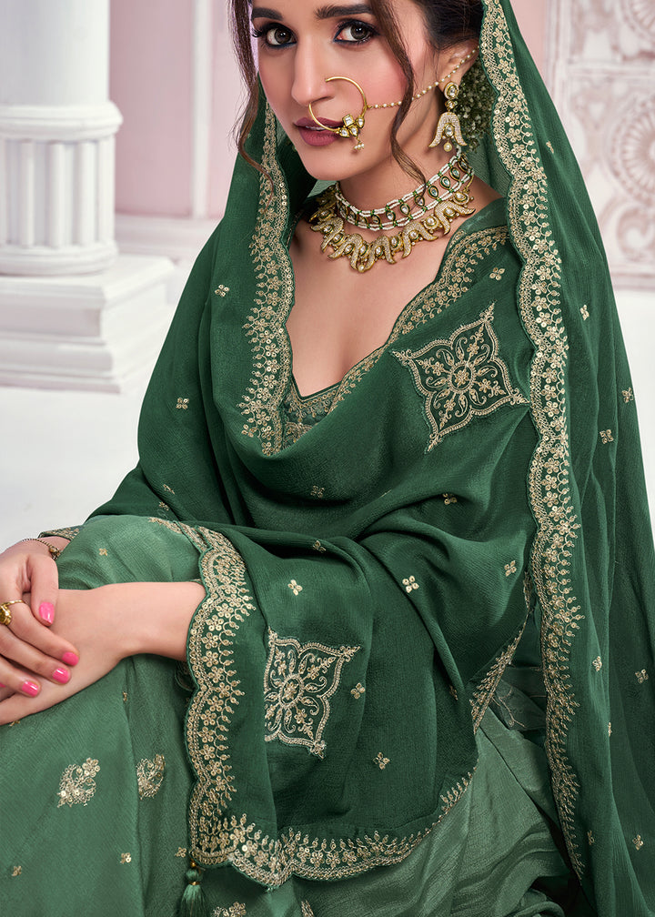 Shades Of Green Palazzo Suit Crafted in Chinon Silk with Embroidery Work