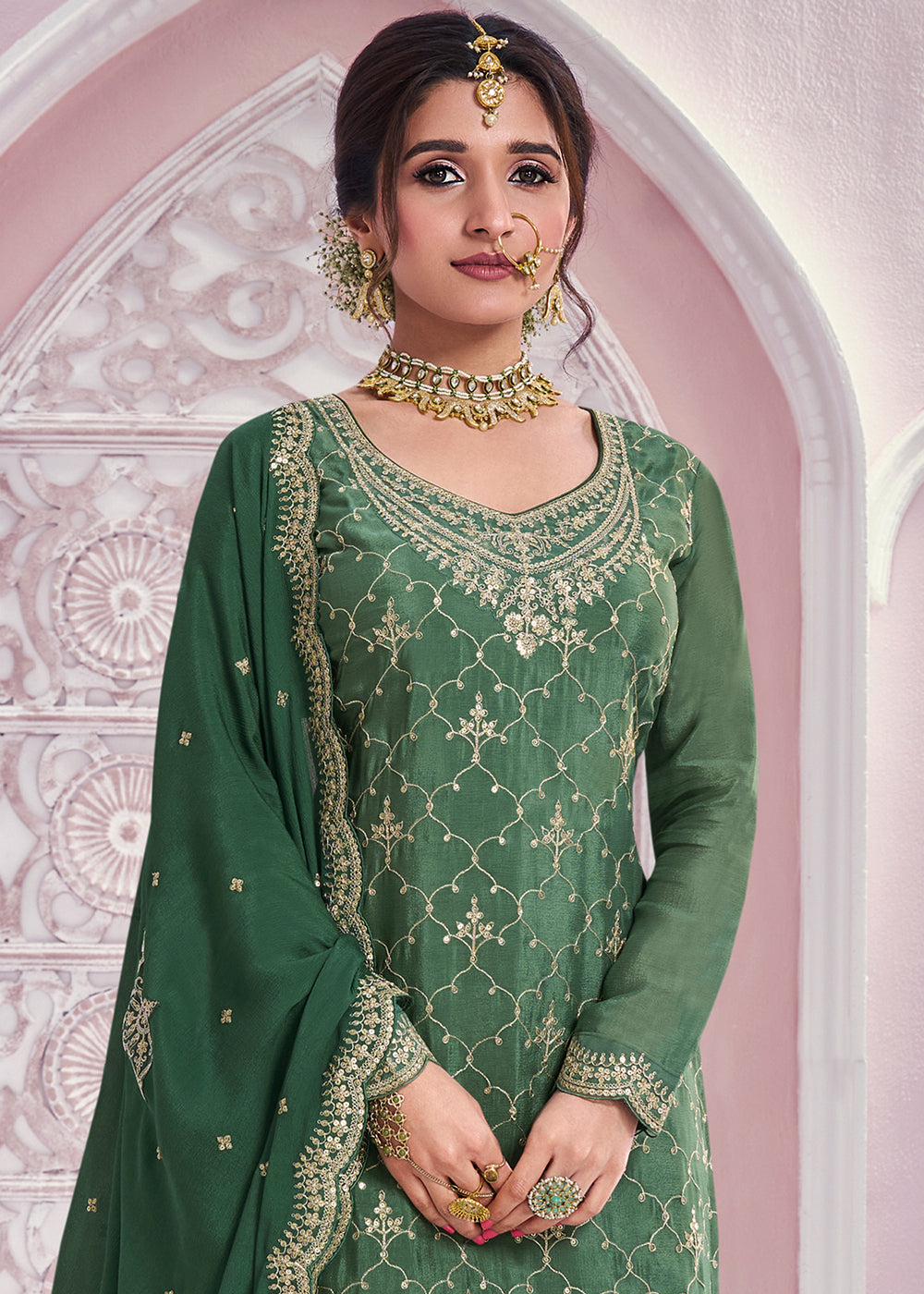 Shades Of Green Palazzo Suit Crafted in Chinon Silk with Embroidery Work