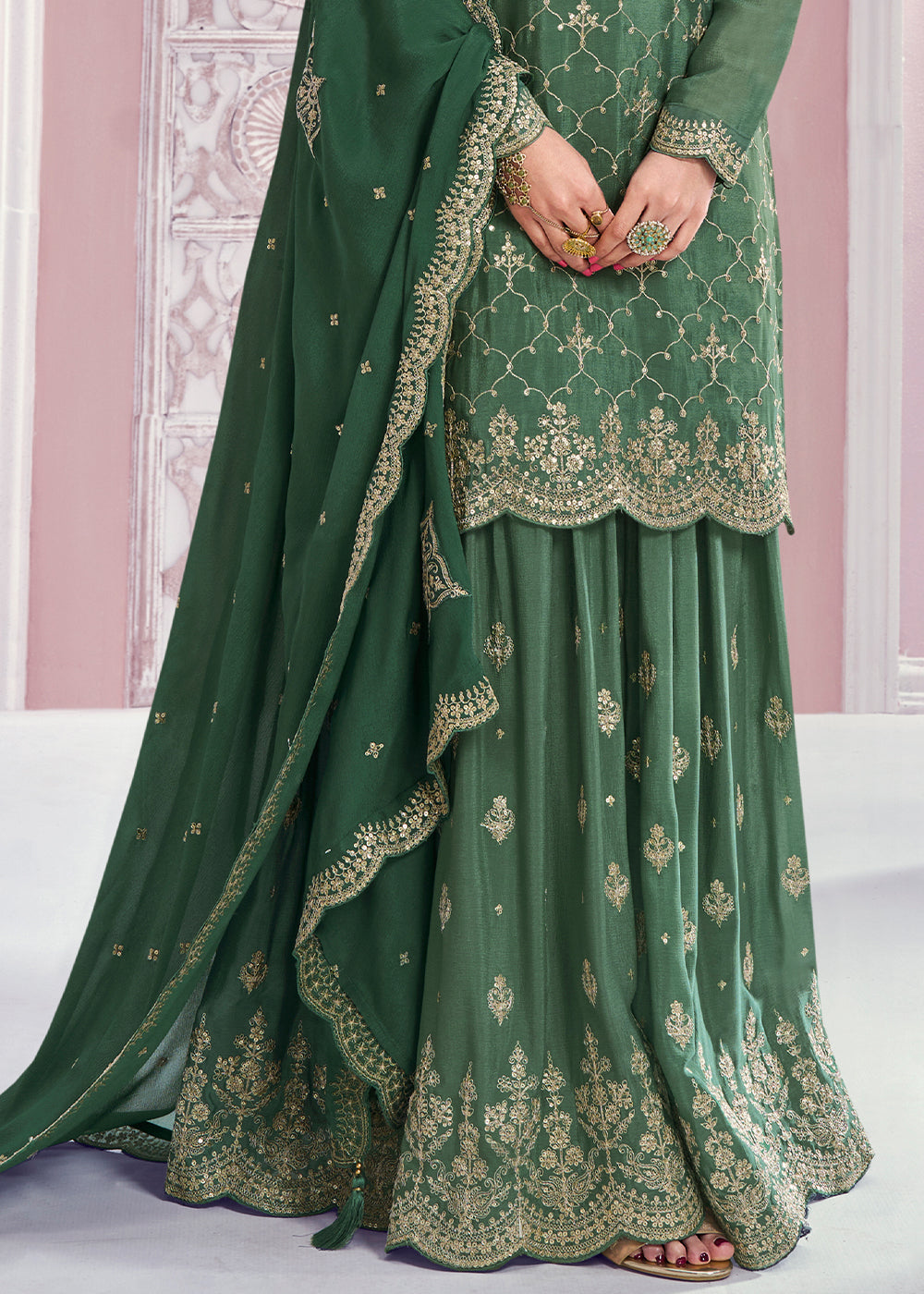 Shades Of Green Palazzo Suit Crafted in Chinon Silk with Embroidery Work