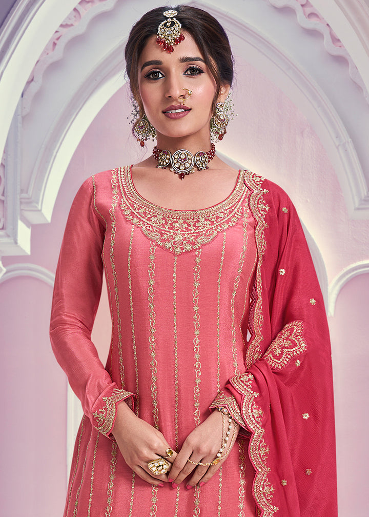 Shades Of Pink Palazzo Suit Crafted in Chinon Silk with Embroidery Work