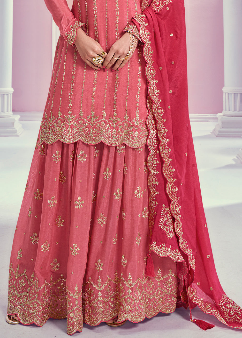 Shades Of Pink Palazzo Suit Crafted in Chinon Silk with Embroidery Work