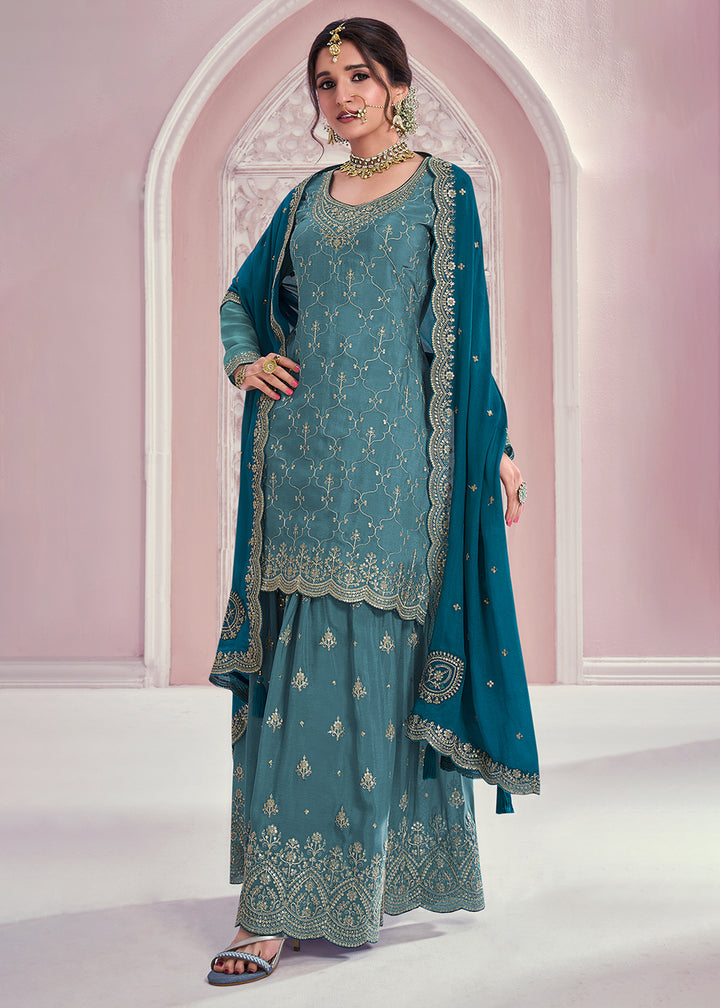 Shades Of Blue Palazzo Suit Crafted in Chinon Silk with Embroidery Work