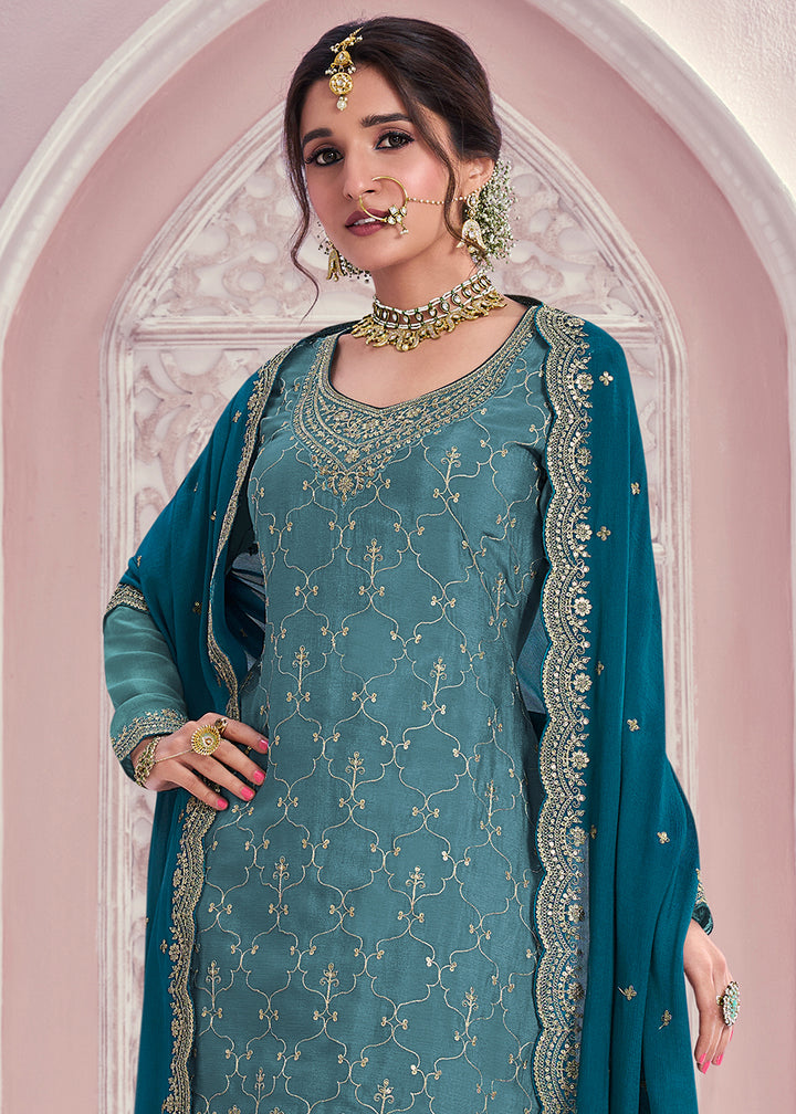 Shades Of Blue Palazzo Suit Crafted in Chinon Silk with Embroidery Work